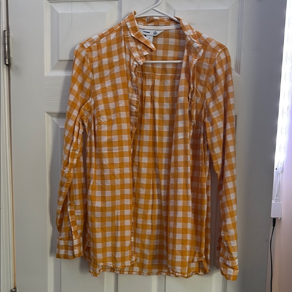 Old Navy Yellow Gingham Long Sleeve Blouse – Ruffle Neck Cottagecore Top